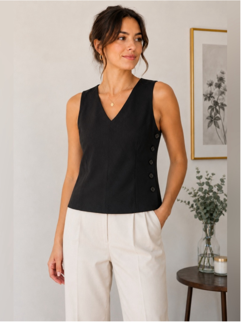 Devonshire Cream Black V-Neck Sleeveless Button Side Top Size S Vintage 90s